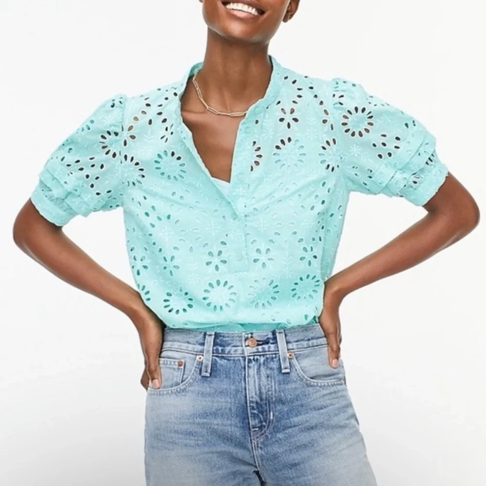 J.Crew Puff-Sleeve Eyelet Popover Top Mint Green Teal Romantic Cottagecore EUC